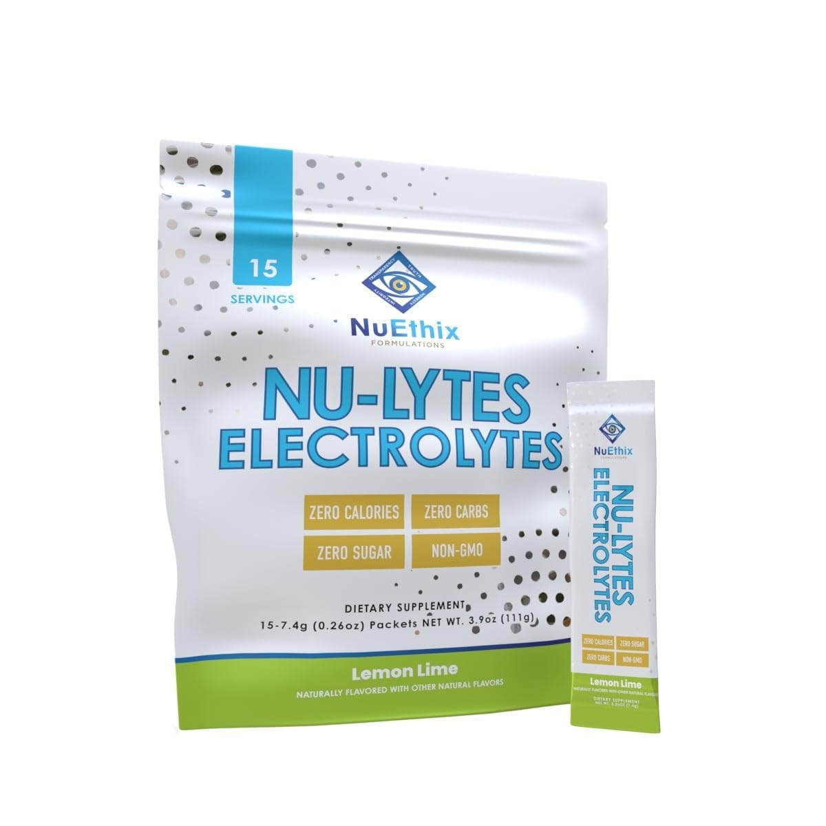 NuEthix Formulations NU-LYTES Electrolytes Hydration Packets, Zero Calories, Zero Sugar, Zero Carbs, Non-GMO, Electrolytes Powder Packets, Glycogen Replenishment, 15 Servings (Lemon Lime)