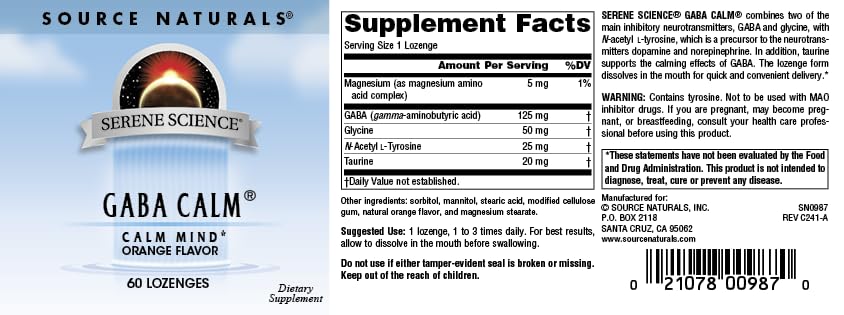 Source Naturals Serene Science, GABA Calm - Supports A Calming Mood, Quick Dissolving Orange Flavor - 60 Lozenges