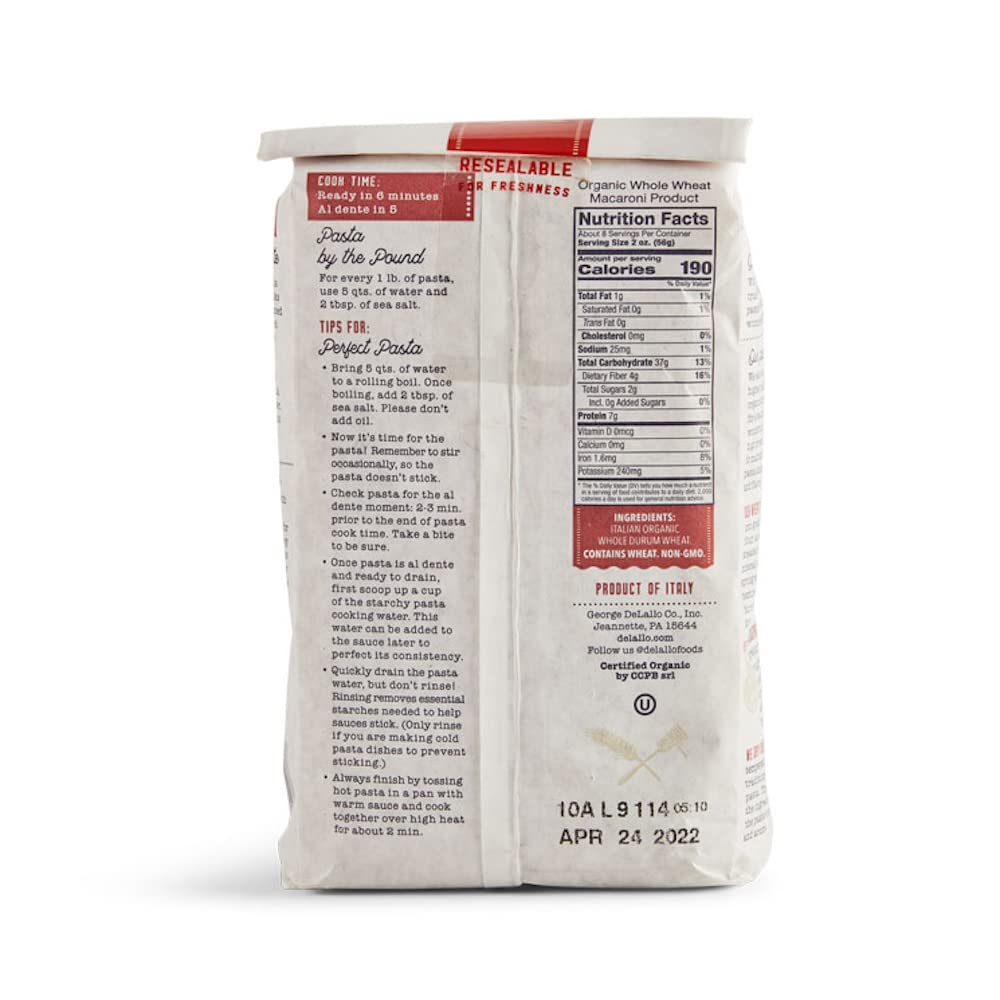 DeLallo Organic Whole Wheat Elbows 52 1 Pound Pack of 16