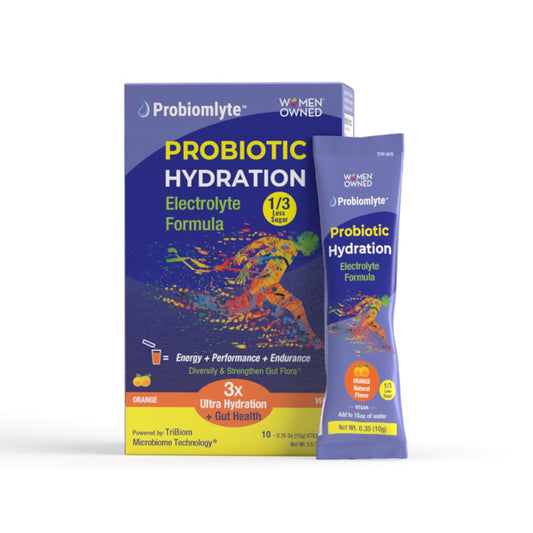 Probiomlyte Probiotic Hydration Amplifier. Electrolytes + Key Vitamins + Probiotics + Prebiotics + Postbiotics + Citrulline|Better Endurance, Performance, Energy, Gut Health| Orange |10 sticks NON-GMO