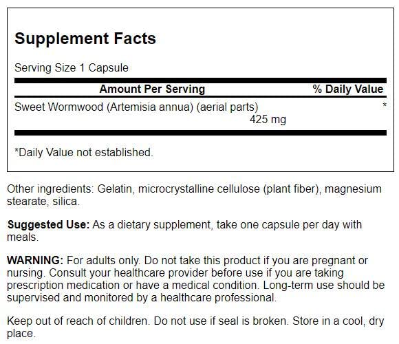 Swanson Sweet Wormwood - May Promote GI Gut Health, Microbial Balance & Digestive Health Support - Herbal Supplement with Artemisinin - (90 Capsules, 425mg Each)