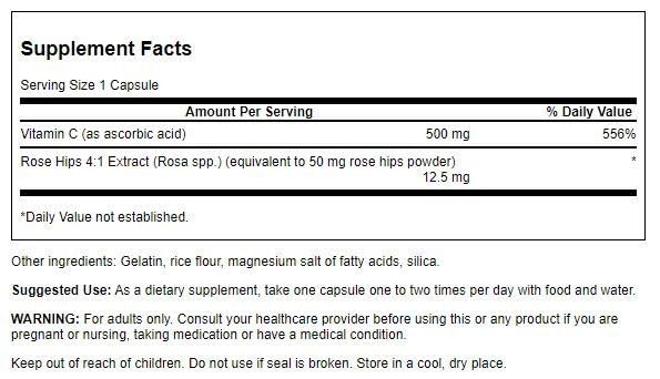Swanson Vitamin C with Rose HIPS Immune System Support Skin Cardiovascular Health Antioxidant Supplement 500 mg 100 Capsules