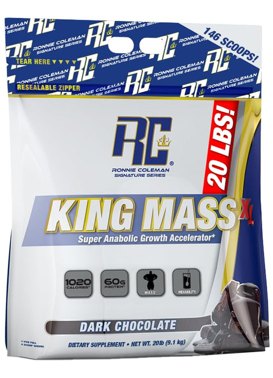 Ronnie Coleman Signature Series King Mass XL Protein Powder, Weight and Muscle Gainer, 60g Protein, 180g Carbohydrates, 1,000+ Calories Per Serving, Creatine and Glutamine (20lb, Dark Chocolate)