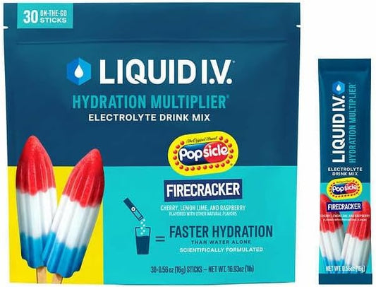 Liquid Hydration Multiplier Popsicle Firecracker, Electrolyte Powder Drink Mix | Convenient Single-Serving Sticks 30 Packs in Resealable Pouch