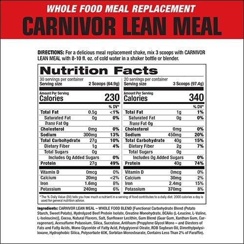 MuscleMeds CARNIVOR LEAN MEAL whole food meal replacement shake, MRE, beef protein isolate, white potato, sweet potato, 40g protein, 40 g carbs, lactose free, sugar free, Chocolate Fudge 20 servings