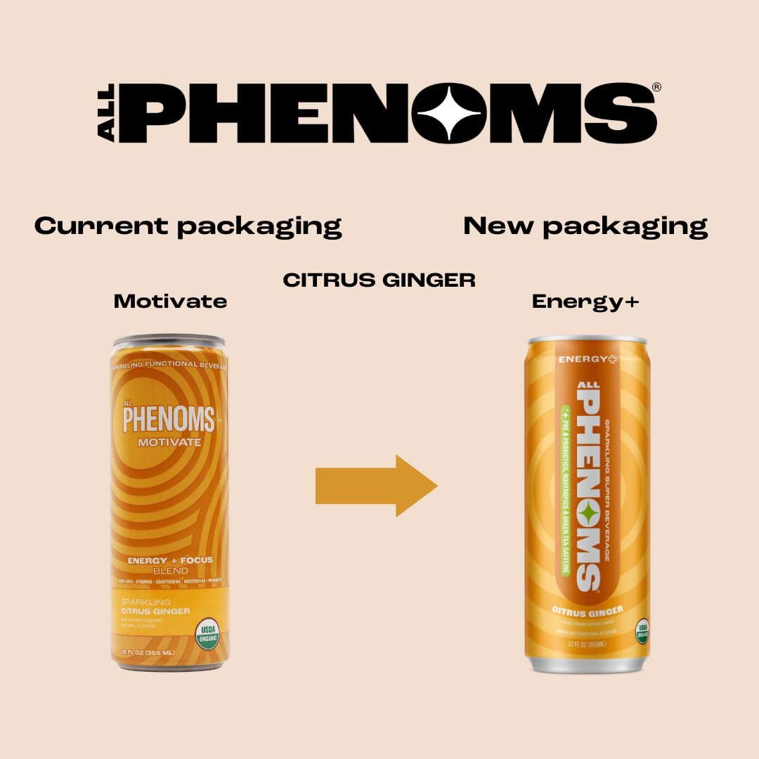 All Phenoms Energy Sparkling Organic Prebiotic  Probiotic Drink  Adaptogen Mushroom Blend 350mg Lions Mane 75mg Green Tea Caffeine 135mg LTheanine Vitamins B  Citrus Ginger 12 Pack