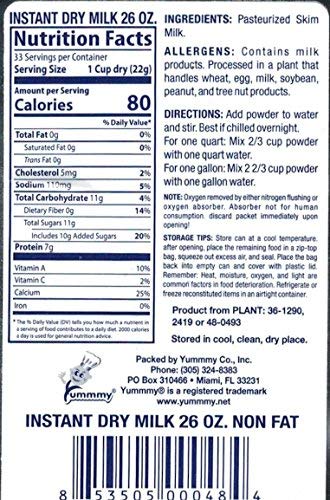 Yummmy Instant Nonfat 26 oz Powdered Dry Milk  Leche en Polvo 26 oz Grade A Kosher Halal Certified Product of USA