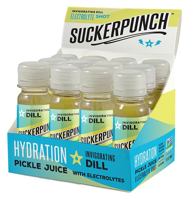 Suckerpunch Hydration Pickle Juice Shot Dill Flavored Gluten Free Post Workout Dill Electrolyte Drink Low Calorie Muscle Cramp Defense Potassium Keto Friendly Low Sugar Non GMO 2 Oz 12 CT
