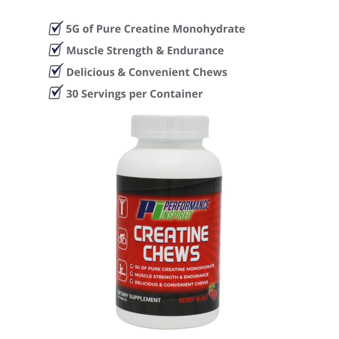 PERFORMANCE INSPIRED Nutrition Creatine Chew - 5g Creatine Monohydrate - Supports Muscle Growth & Recovery - Berry Blast Flavor - 120 Count