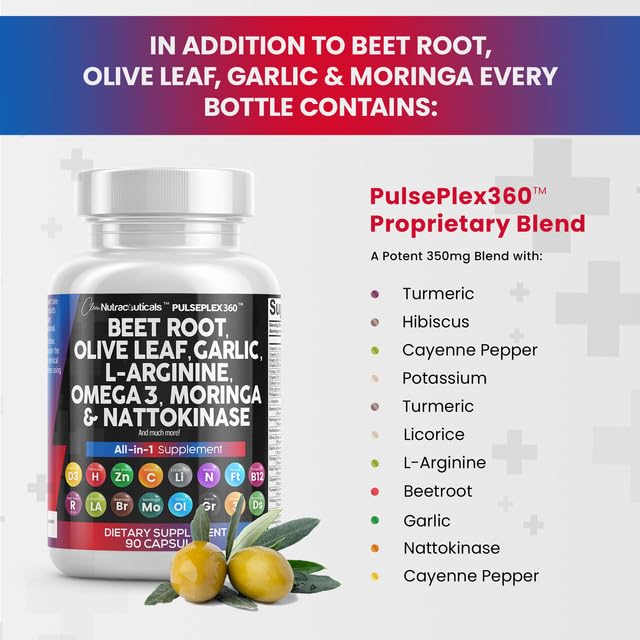 Clean Nutraceuticals Beet Root Capsules Olive Leaf Nattokinase Garlic Extract L-Arginine Omega 3 Red Yeast Rice Hibiscus Danshen - Healthy Support Supplement - 90 Ct