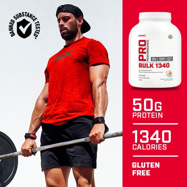 GNC Pro Performance Bulk 1340 Mass Gainer Protein Powder | Gluten Free | Banned Substance Tested | Packaging May Vary | Supports Muscle Energy, Recovery and Growth | Vanilla Ice Cream | 9 Servings