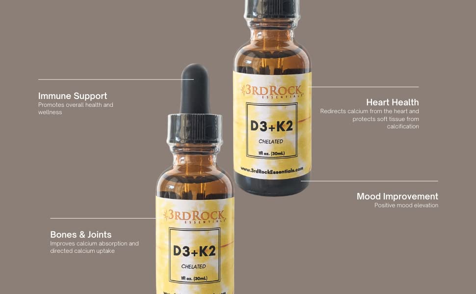 3rd Rock Essentials Vitamins D3 K2 | Chelated Liquid Vitamin Supplement Drops | Vitamin D3 | Vitamin K2 | Support Calcium Absorption Strong Bones Healthy Heart | Vegan | Gluten Free | 1 Fl Oz