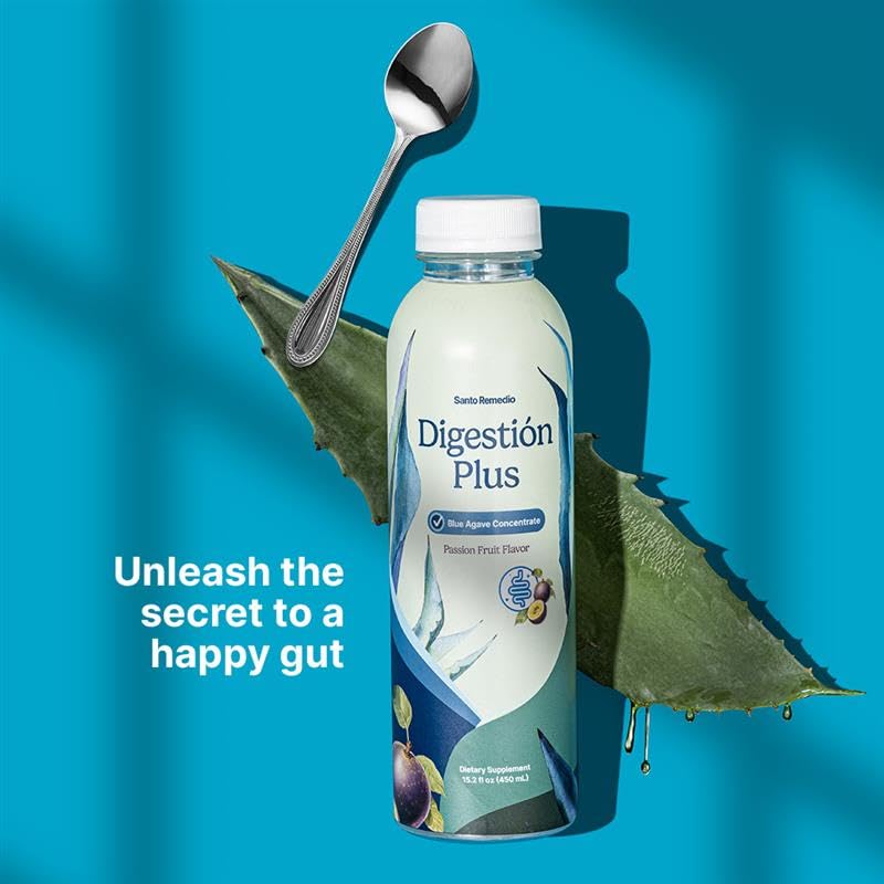 Santo Remedio Digestion Plus, Concentrated Blue Agave Drink, 30 Servings, Passionfruit Flavor, Vegan, Gluten-Free, Non-GMO, No Added Sugar