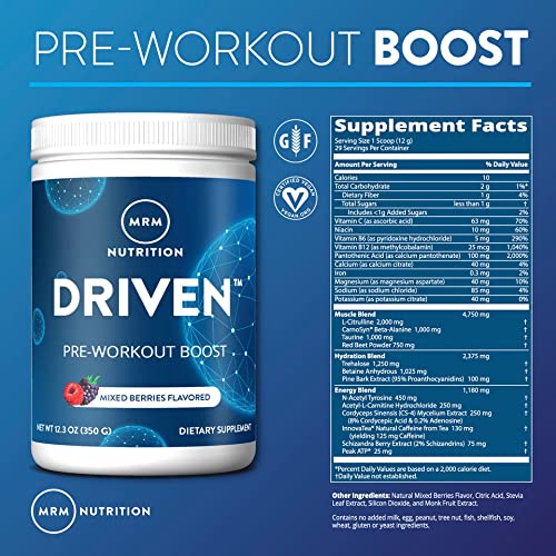 MRM Nutrition Driven Pre-Workout Powder | Blood Orange Flavored | 125mg Caffeine | Pure Ingredients| Muscle + Hydration + Energy Blends | Performance Energy | Vegan + Gluten-Free | 29 Servings