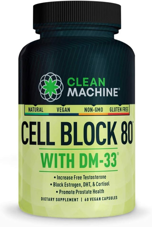 CLEAN MACHINE Cell Block 80 - Natural Vegan Testosterone Support Supplement, Estrogen, DHT & Cortisol Blocker - Prostate Health Supplement with KSM-66 Ashwagandha - 60 Veggie caps