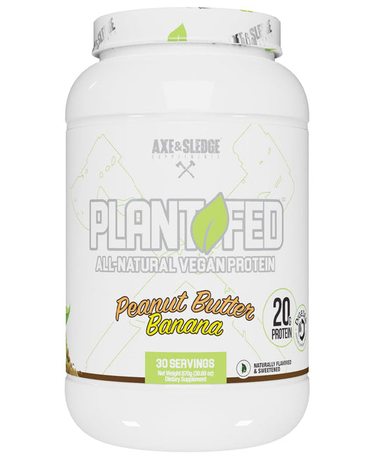 Axe & Sledge Plant Fed Vegan Protein Powder, Naturally Flavored and Sweetened, 20 Grams Protein, 30 Servings (30 Servings, Peanut Butter Banana)