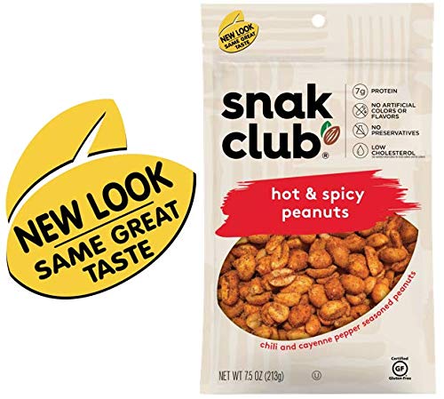 Snak Club Hot  Spicy Peanuts with Chili  Cayenne Pepper Seasoning Protein Snacks No Artificial Colors or Flavors Low Cholesterol Gluten Free Snacks Resealable Bag 75 Ounce Pack of 6