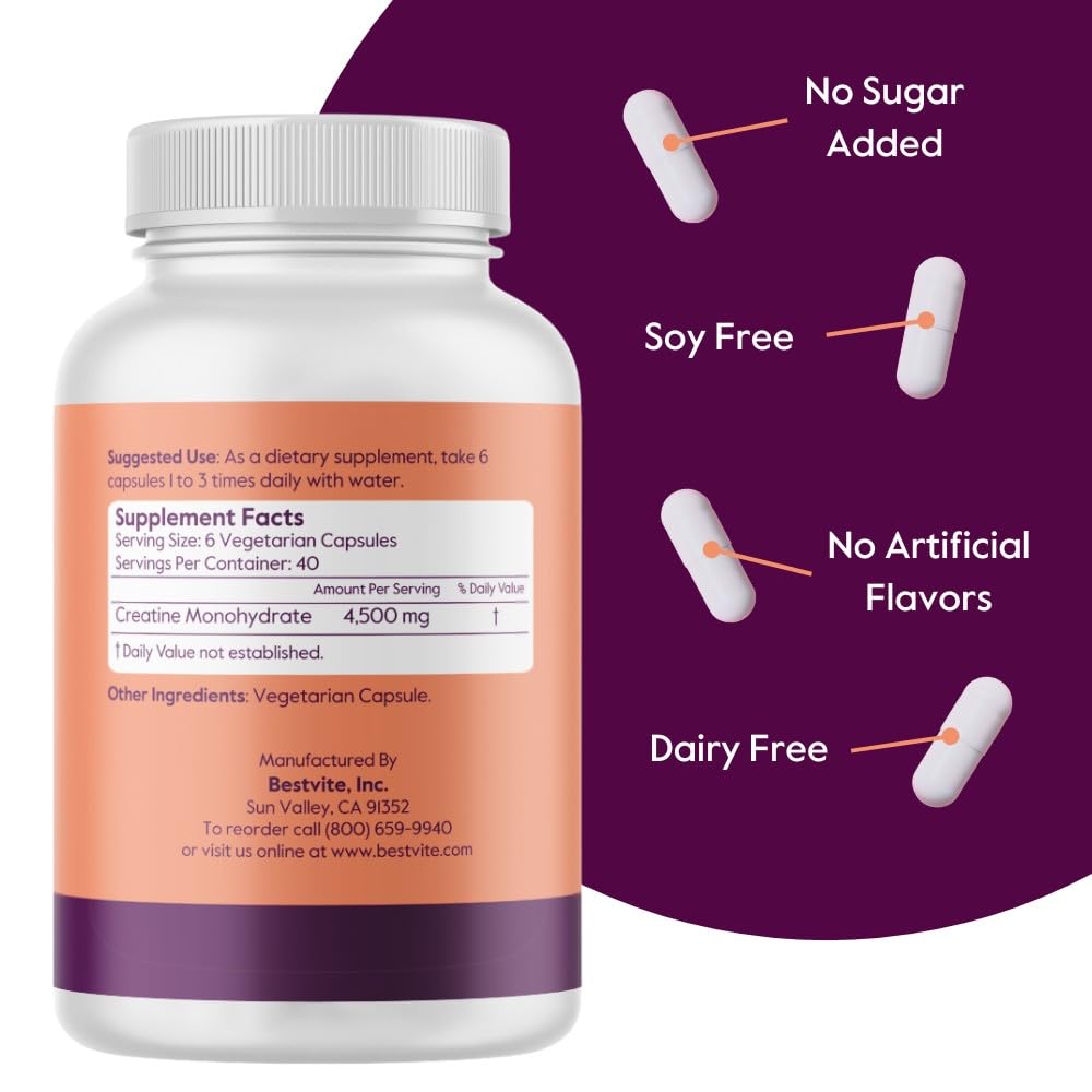 BESTVITE Creatine Monohydrate 750mg (240 Vegetarian Capsules) - Micronized - No Stearates - Vegan - Non GMO - No Gelatin - Gluten Free - Creatine Capsules