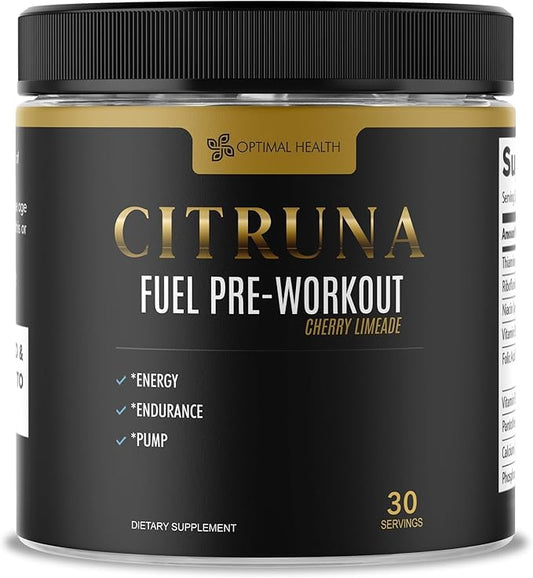 Citruna Fuel Pre Workout Mix and Energy Supplement, Zero Sugar Drink with B-Complex Vitamins to Boost Strength, Sharpen Focus, and Increase Endurance - 30 Servings, Cherry Limeade Flavor