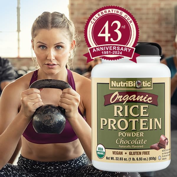 NutriBiotic Certified Organic Rice Protein Chocolate, 22.9 Oz | Low Carbohydrate Vegan Protein Powder | Raw, Certified Kosher & Keto Friendly | Made Without Chemicals, GMOs & Gluten | Easy to Digest
