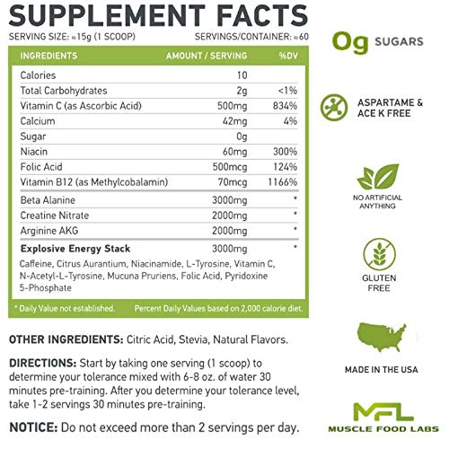MFL Muscle Xplosion | Pre-Workout | 0 Sugar | Sweetened with Stevia | All-Natural | 60 Servings (Lemonade)