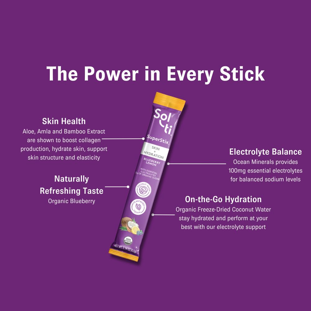 Sol-ti Organic Electrolyte Skin + Hydration Drink Mix, Superfood Hydration Sticks, SuperStix, Non-GMO, Vegan, Blueberry Lemon, 14 Single-Serving Sticks