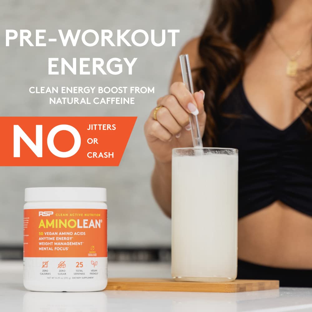 RSP NUTRITION AminoLean Natural Pre Workout Powder, Sucralose Free Amino Energy with No Artificial Dyes, Vegan BCAAs and Weight Management, Pineapple Coconut, 25 Serv