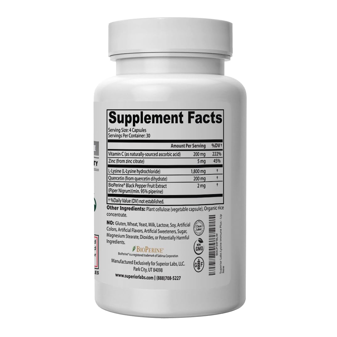 Superior Labs Lysine Immune Plus - Lip. Clinically Proven Lip Health & Support. L-Lysine Bound to HCI for Optimal Stability & Absorption for Fast Results. Bioactive with Zero Harmful Additives