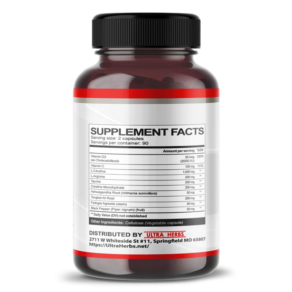 L-Citrulline Supplement Capsules Enriched with L-Arginine, Taurine, Creatine, Tongkat Ali, Fadogia Agrestis | Ultra Nitric Oxide Booster for Muscle Endurance, Stamina & Recovery | 180 Capsules