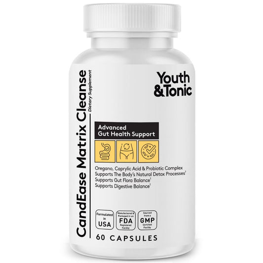 Youth & Tonic CandEase Cleanse Matrix - Overgrowth Support & Gut Health, Intestinal Flora Balance & Body Detox Complex with Oregano, Caprylic Acid, Digestive Enzymes, Probiotics, 60 Pills, Women & Men