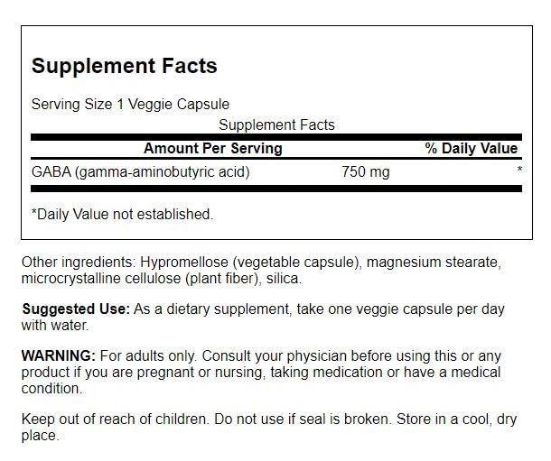 Swanson Amino Acid Maximum Strength GABA 750 Milligrams 60 Veg Capsules