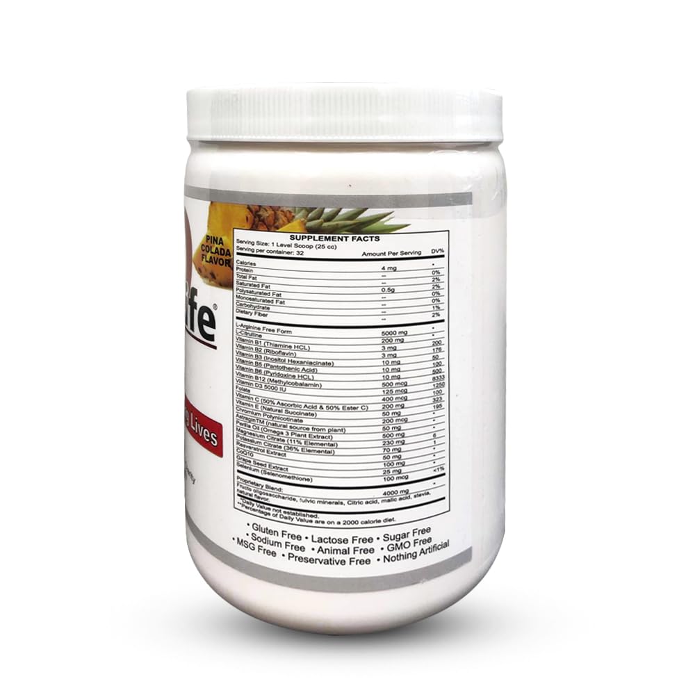 Cardio for Life L-Arginine Powder 16oz - Pina Colada - Natural Nitric Oxide Supplement for Cardiovascular Health - Increase Energy