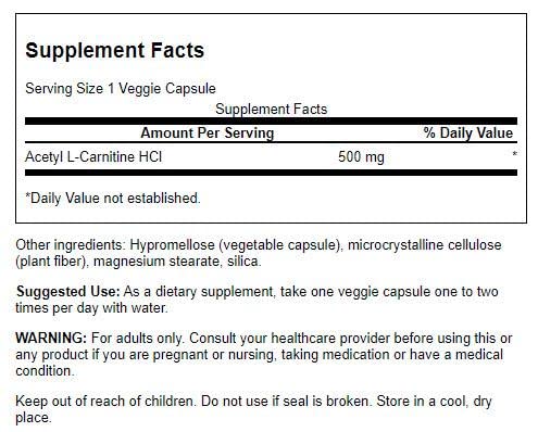 Swanson Acetyl-L-Carnitine - Amino Acid Supplement Promoting Cognitive Health & Muscle Support - Natural Formula May Promote Nervous System Health - (100 Veggie Capsules) 2 Pack