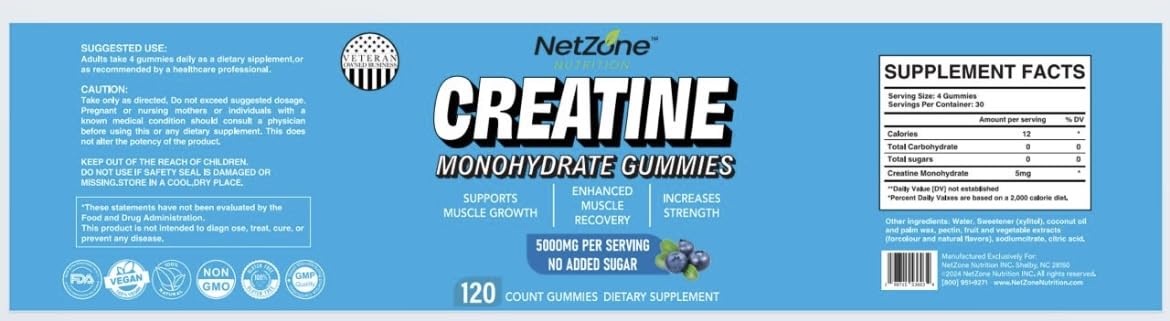 NetZone Nutrition Creatine Monohydrate Gummies for Men & Women-5g of Creatine Monohydrate per Serving- Increase Strength and Build Muscle,Sugar Free,Vegan,Blueberry Flavor, 120 Count