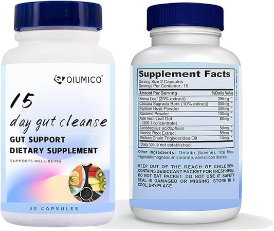 QIUMICO 15 Day Gut Cleanse - Gut and Colon Support, Dietary Supplement, Bowel Dissolving Capsules, with Senna, Cascara Sagrada & Psyllium Husk, to Break The Plateau