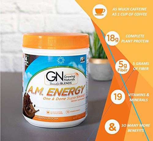 Growing Naturals All Natural Plant Based Protein, One & Done Super Shake, 18g Protein with Non-GMO High Fiber and Gluten Free, A.M. Energy 1 Pound (Pack of 1)