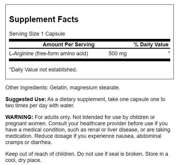 Swanson Amino Acid L-Arginine 500 Milligrams 200 Capsules