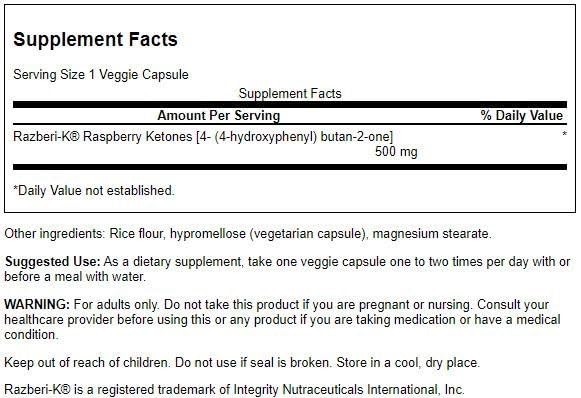 Swanson Maximum Strength Razberi-K 500 Milligrams 60 Veg Capsules