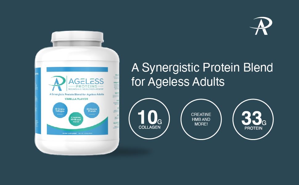 Ageless Proteins Vanilla Whey Protein Powder and Collagen Peptides for Mature Adults. Supports Muscle Building and Joint Health with 24g Protein, creatine, HMB, and Vitamins (30 Servings, Vanilla)