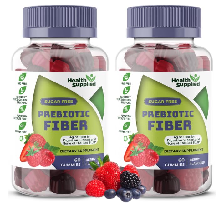 Health Supplied Mixed Berry Flavored Prebiotic Fiber Gummies - Supports Digestive System Gut Cleansing, Constipation Relief - Assists with Weight Loss Plan - Great Tasting and Easy to Swallow