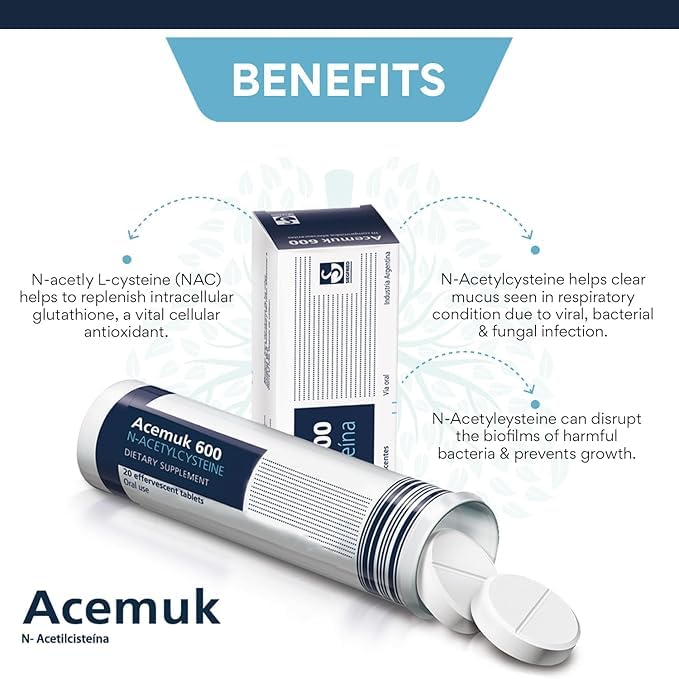 Acemuk N-Acetylcysteine (NAC) 600mg - Supports Respiratory Health, Immune Function, Liver & Kidney Detox - Potent Antioxidant, Easy to Absorb - 20 Tablets (1-Pack)