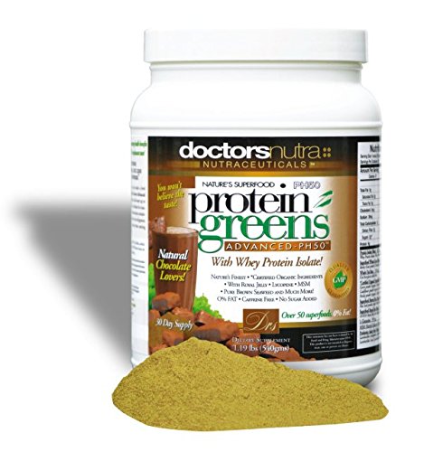 PH50 Protein Greens Drink with Certified Organic Ingredients by Doctors Nutra Nutraceuticals, 1.19 Pounds (540 Grams) 50 Superfoods, Digestive Enzymes, Natural Chocolate Flavor