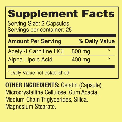Generic Acetyl L-Carnitine HCI 400 mg + Alpha Lipoic Acid 200 mg Capsules Spring Valley, 50 Count + Sticker Dri Store
