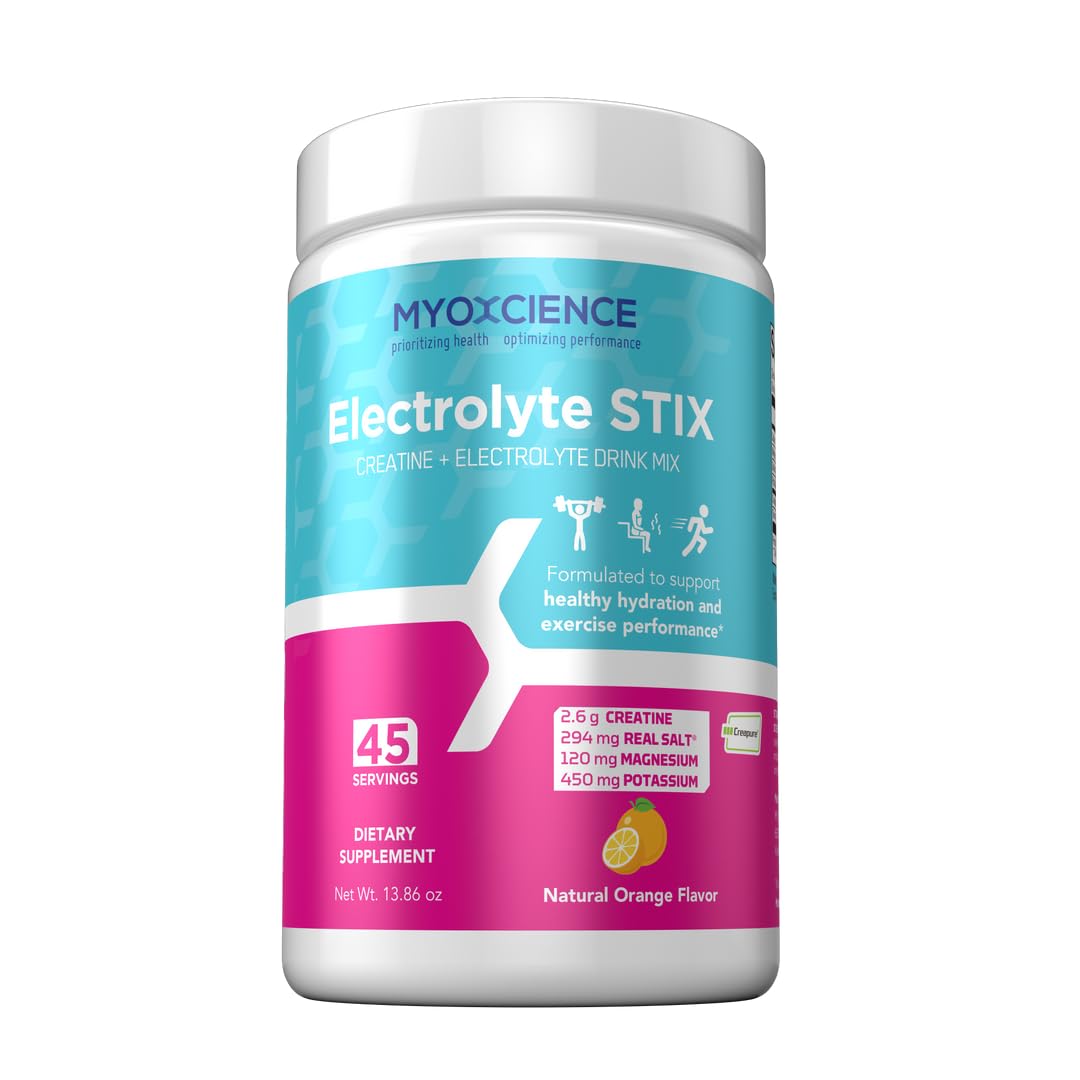 MYOXCIENCE Electrolyte Stix | Creatine Electrolyte Powder | Recovery from Exercise & Muscle Development w/Real Salt (Orange Jar 45 ct)
