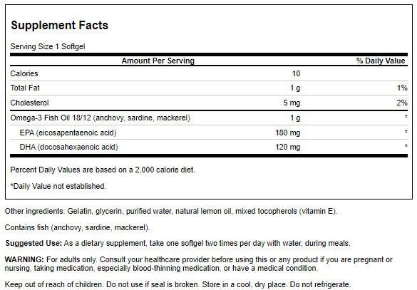 Swanson Omega 3 Fish Oil Supplement Heart Brain and Joint Support GMO-Free EFAs 180 mg EPA Plus 120 mg DHA 150 Softgel Capsules Lemon Flavor