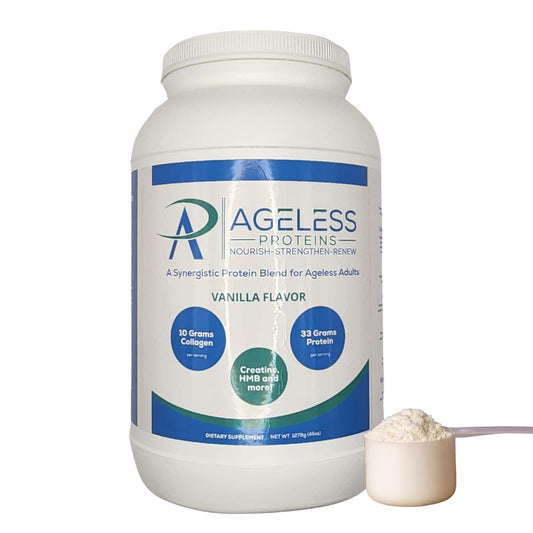 Ageless Proteins Vanilla Whey Protein Powder and Collagen Peptides for Mature Adults. Supports Muscle Building and Joint Health with 24g Protein, creatine, HMB, and Vitamins (30 Servings, Vanilla)