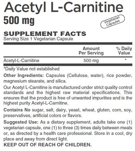 Acetyl L-Carnitine- 500 mg Vegetarian Capsules ( Sourced from Sigma-Tau Health Sciences ) (90 Veg Caps)