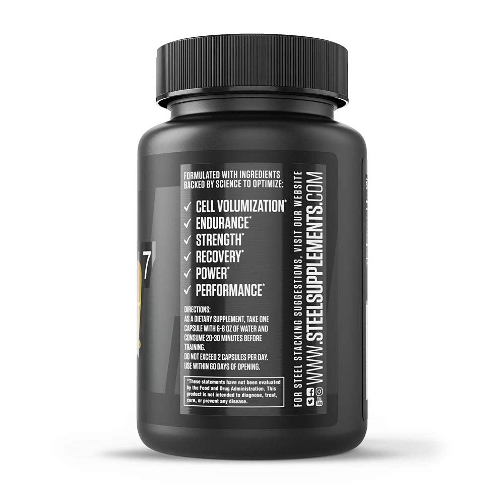 Steel Supplements N.O.7 | Nitric Oxide Formula | Blood Flow | Vascular Support | Pumps & Muscle Fullness | 30 Capsules
