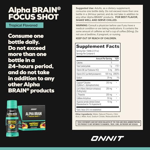 ONNIT Alpha Brain Focus Shot, Tropical Flavor, Nootropic Dietary Supplement Drink That Supports Energy, Focus, and Mood, 2.5 fl oz, 6 Count