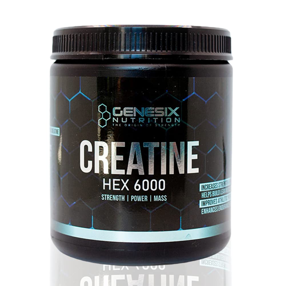 GENESIX NUTRITION HEX 6000 Creatine Monohydrate Workout Supplement | Improve Strength & Accelerate Muscle Gains | More Energy During High-Intensity Exercise | Heighten Brain Performance | 60 Servings